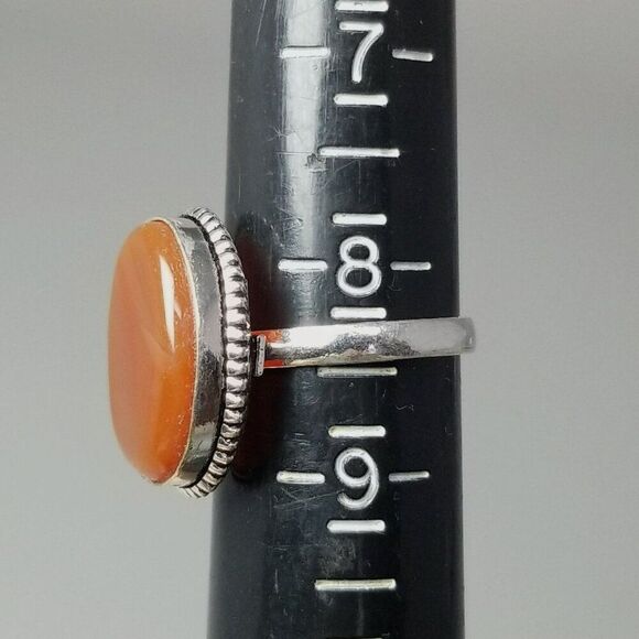 Vintage Oval Orange Stone Ring, Bezel Set Silver Tone Size 8 1/2 Band, Estate - Picture 5 of 8